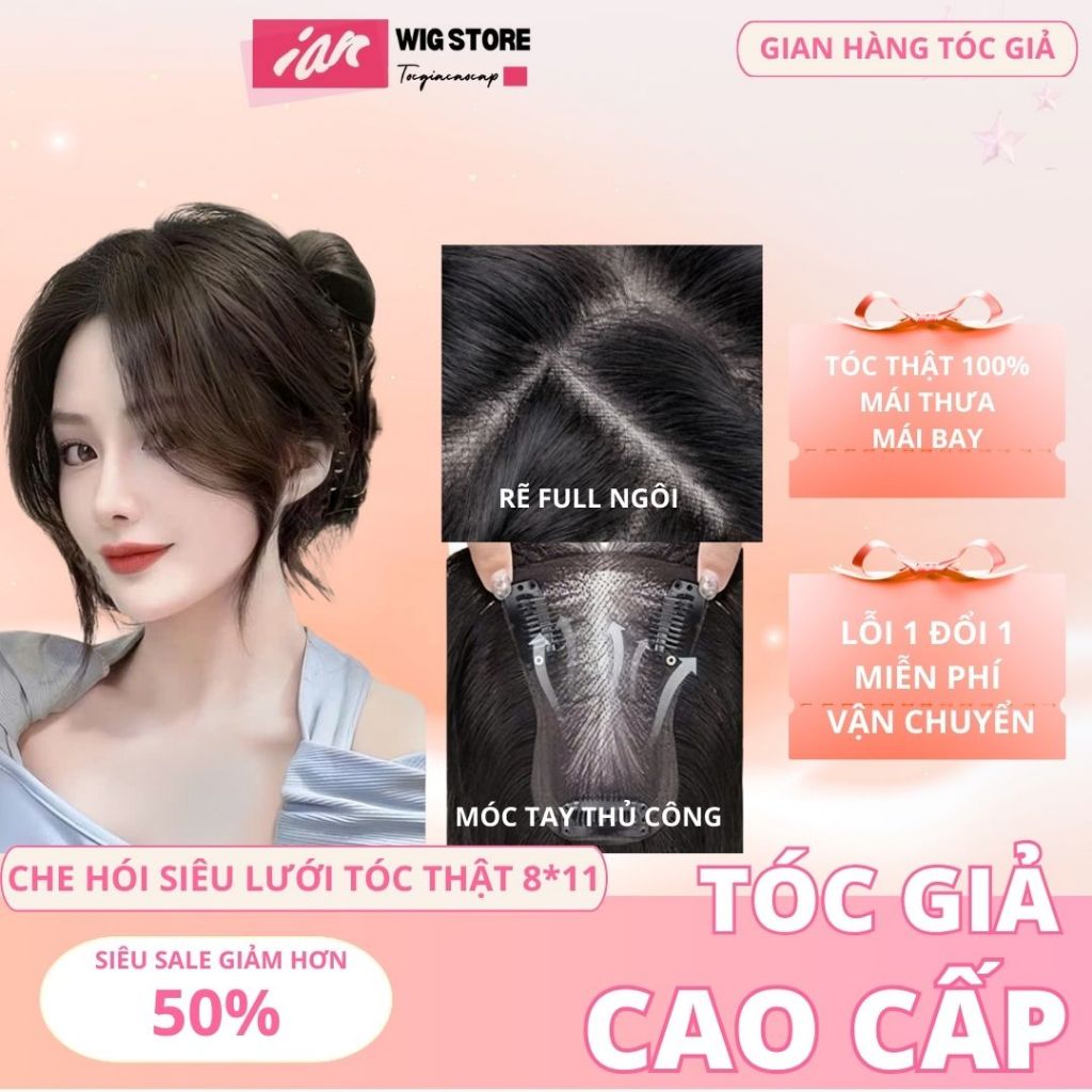  Tóc Giả Phủ hói iAn da đầu DS RẼ FUll NGÔI tóc thật 3 Kẹp kích thước hồ Lô 8*11 mảng rộng mái bay siêu lưới mỏng chất 