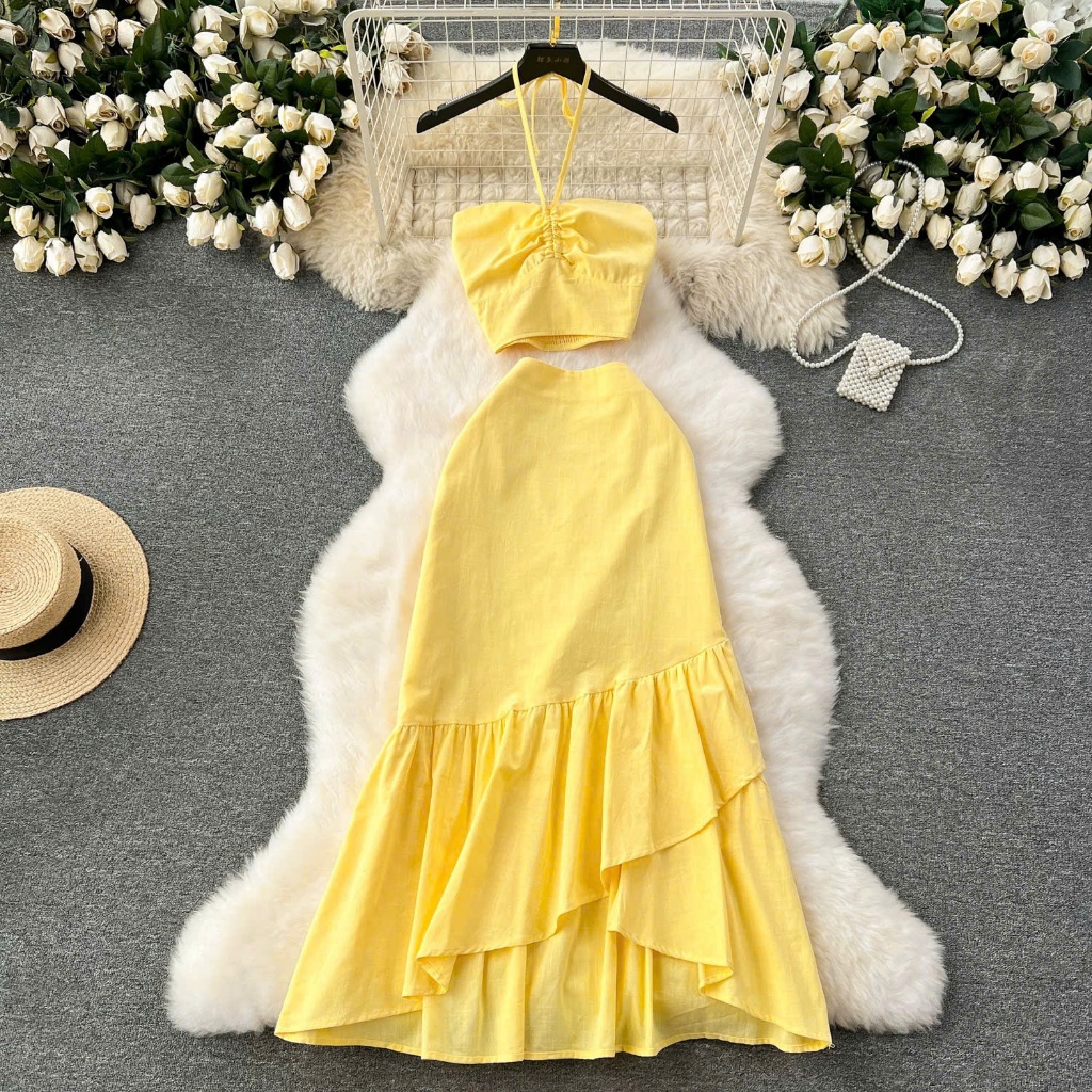 Sét váy maxi áo cổ yếm dáng dài cho mẹ và bé thiết kế thanh lịch , phù hợp mặc đi du lịch đi biển , 