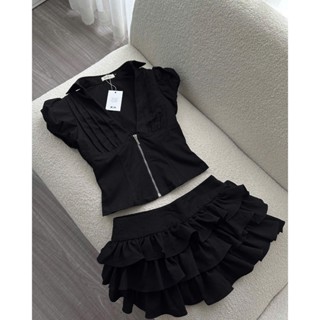  Sét áo tay ngắn khóa kéo trước ngực chân váy xếp li cho mẹ và bé gái 12-55kg 