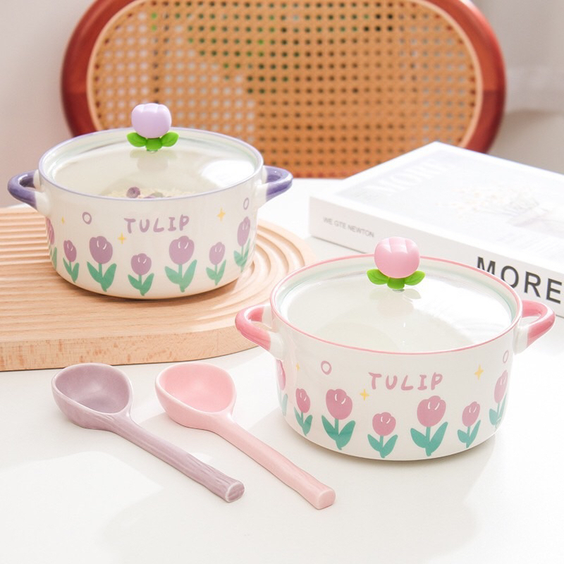 Tô Ăn Mì Bát Úp Mì Ăn Gốm Sứ Có Nắp Đậy Thuỷ Tinh Hoa Tulip, Tô Mì Đựng Thức Ăn Salad, Cơm Phở Đa Nă