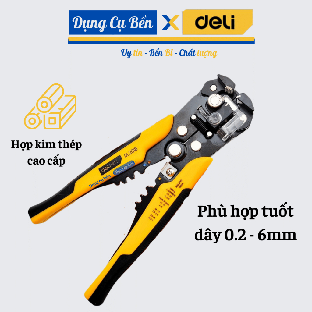 Kìm tuốt dâu điện - Bấm cos đa năng Chính hãng DELI chất liệu Thép cao cấp, tuốt dây 0.2 - 6 mm