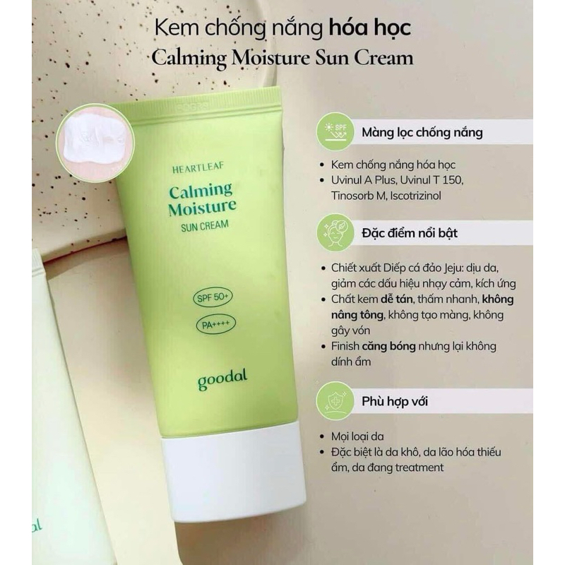 Kem chống nắng hoá học GOODAL HOUTTUYNIA CORDATA CALMING SUN CREAM SPF 50+ PA++++