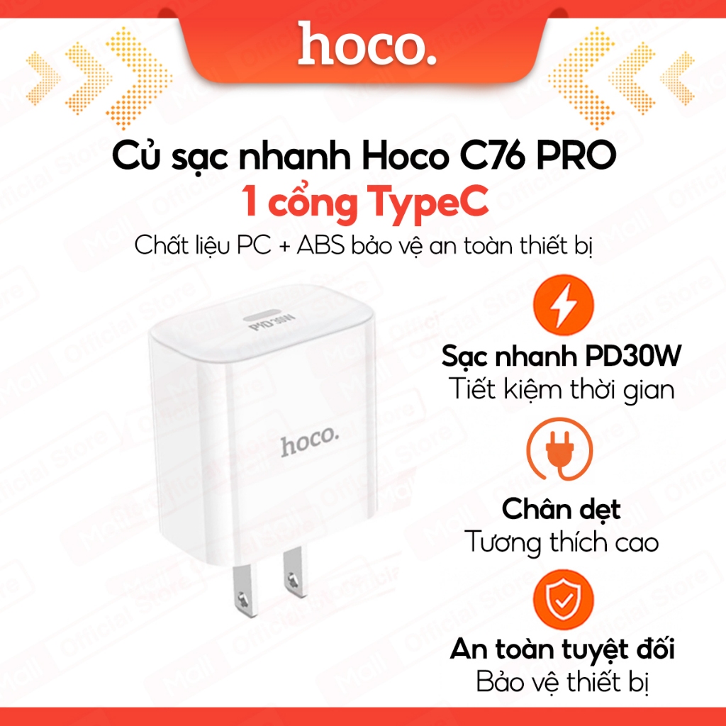 Củ sạc nhanh PD30W 1 cổng Type-C Hoco C76 PRO, tương thích nhiều thiết bị, chân dẹt
