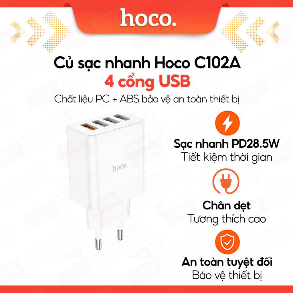 Củ Sạc Nhanh PD28.5W 4 cổng USB Hoco C102A Dual USB 3.4A Sạc 4 thiết bị cùng lúc