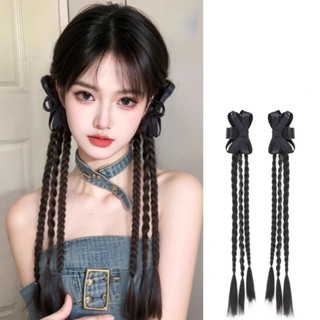 Tóc giả thắt bím phối kẹp nơ đen đi kèm dài 45cm tạo kiểu thắt bính dễ dàng cho nữ y2k 