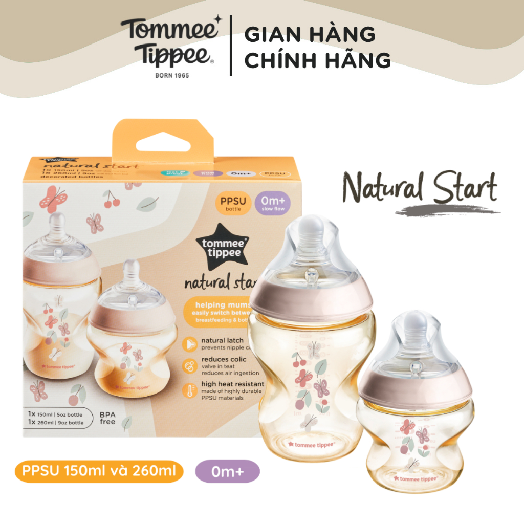 Bình Sữa PPSU Ty Siêu Mềm Tự Nhiên Tommee Tippee Natural Start, Hồng (Bộ 1 Bình 260ml và 1 Bình 150ml)