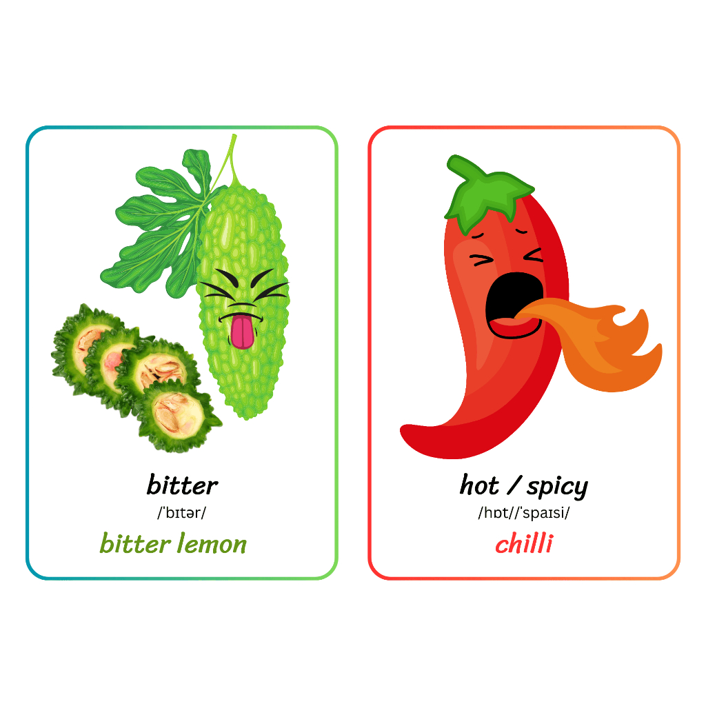 Bộ Học liệu 6 mùi vị - Flashcard Taste  - 6 mùi vị (đắng, chua, cay, mặn, ngọt, không vị) - Jolie st