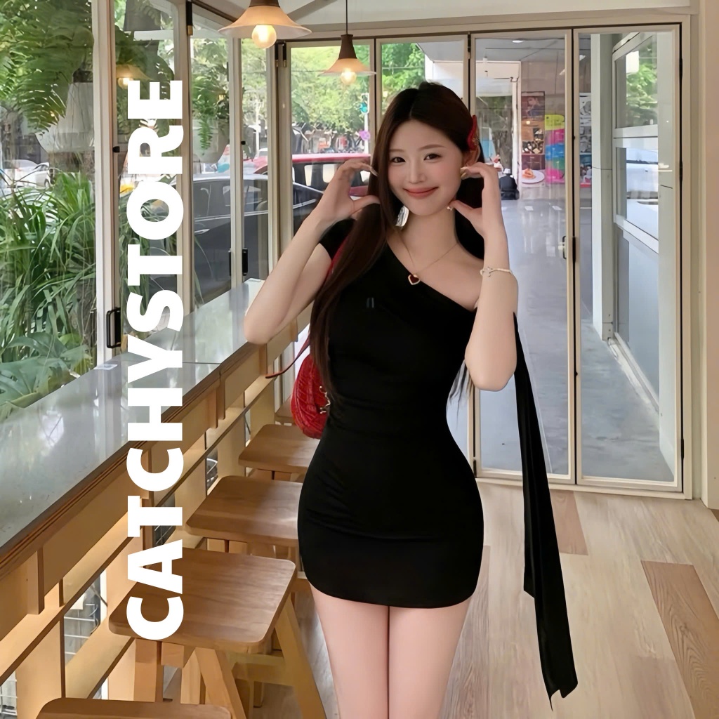 Đầm body nữ dáng ngắn thiết kế trễ vai thắt nơ bên hông tay đi tiệc sáng chảnh gợi cảm CATCHYSTORE | BigBuy360 - bigbuy360.vn