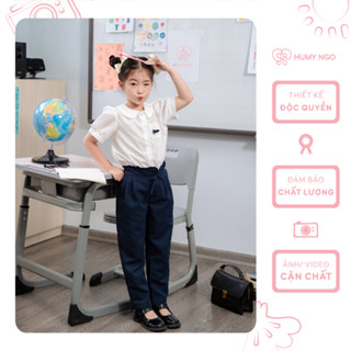  HUMY NGO  Set đi học bé gái áo sơ mi trắng kèm quần chất liệu KATE hàn mềm mại thoáng mát cho bé 20 - 40kg  A77+ Q78  