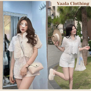 Set đồ nữ áo ren hoa nổi áo sơ mi viền bèo mix quần đùi cạp cao, đồ bộ nữ trẻ trung tiểu thư HCOM25792