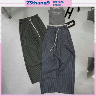 Quần ống rộng nữ , quần ống suông nữ kẻ sọc lưng cao phối dây chất lụa nhật dày dặn dáng culottes 100cm 23thang9