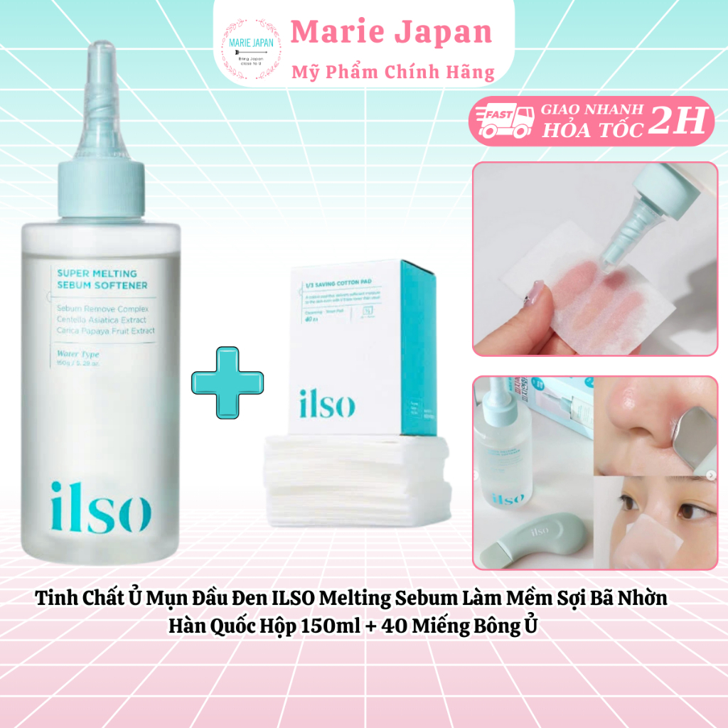  Tinh Chất Ủ Mụn Đầu Đen ILSO Melting Sebum Làm Mềm Sợi Bã Nhờn  Hàn Quốc Hộp 150ml + 40 Miếng Bông Ủ 