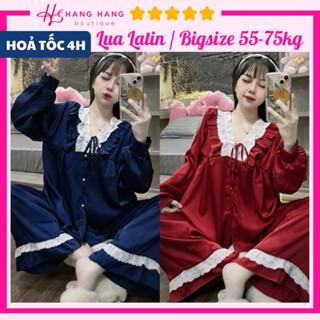 Đồ ngủ nữ bigsize 55-75kg, pijama lụa latin mịn mát dài tay dài cổ v ren trắng 75DD15, đồ bộ nữ đồ mặc nhà tiểu thư trơn