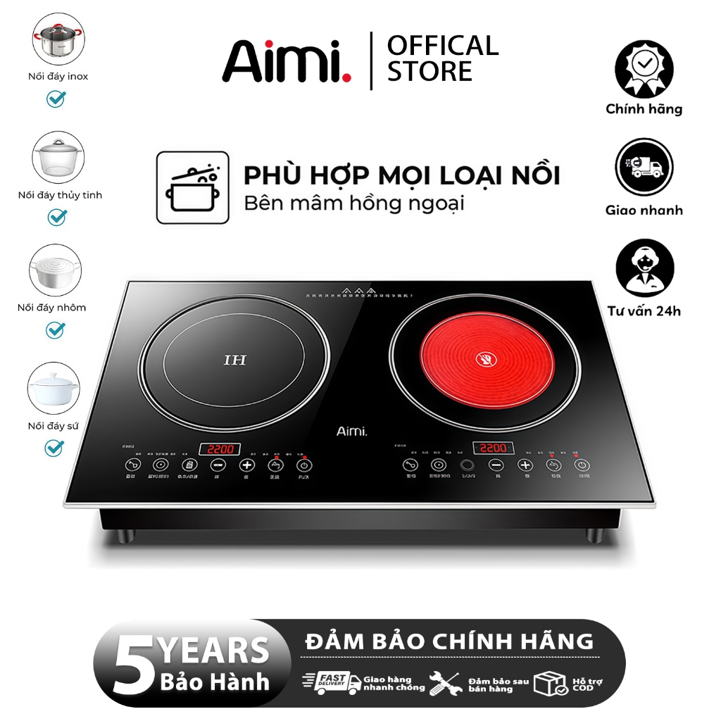 Bếp Hồng Ngoại Đôi Âm Dương Bếp Điện Từ Đôi Đa Năng Bếp Đôi Công Suất 4800W Mặt Kính Cường Lực