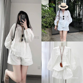 (Hàng L1 sẵn SM) Sét áo sơ mi cổ V phối viền dập ly dài tay kèm quần short cạp chun màu trắng trẻ trung SALI SET