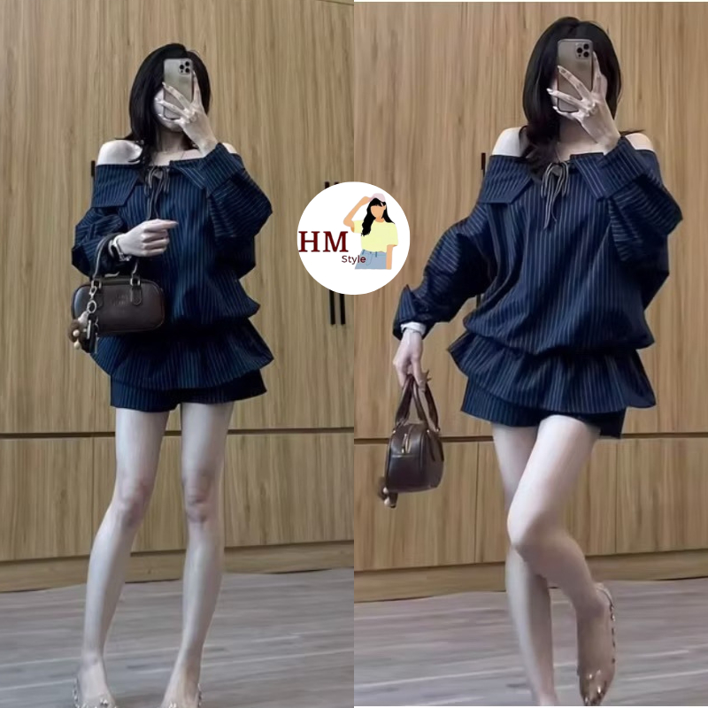 Set váy Jump trễ vai tay bồng dáng bí bo chun eo, Set jumpsuit xanh than dây buộc nơ kèm quần đùi rời HB855