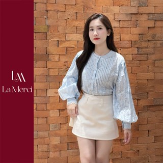  LA MERCI Áo Sơ Mi Đũi Kiểu Nữ Xếp Ly Cổ Tàu sơ mi Tay Bồng Xuyên Thấu Nhẹ Nữ Tính A13 