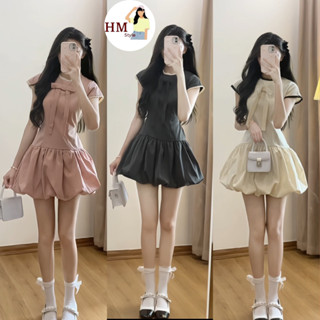 Váy bí đính nơ tiểu thư phối ren dáng ngắn dây buộc eo kèm quần bảo hộ rời HB802