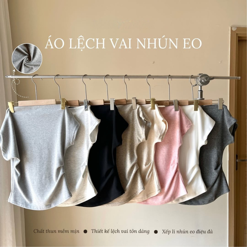 Áo thun lệch vai xếp ly eo điệu đà áo trễ vai nữ thắt eo tay cộc chất vải tăm lông thỏ ôm body HA500 | BigBuy360 - bigbuy360.vn