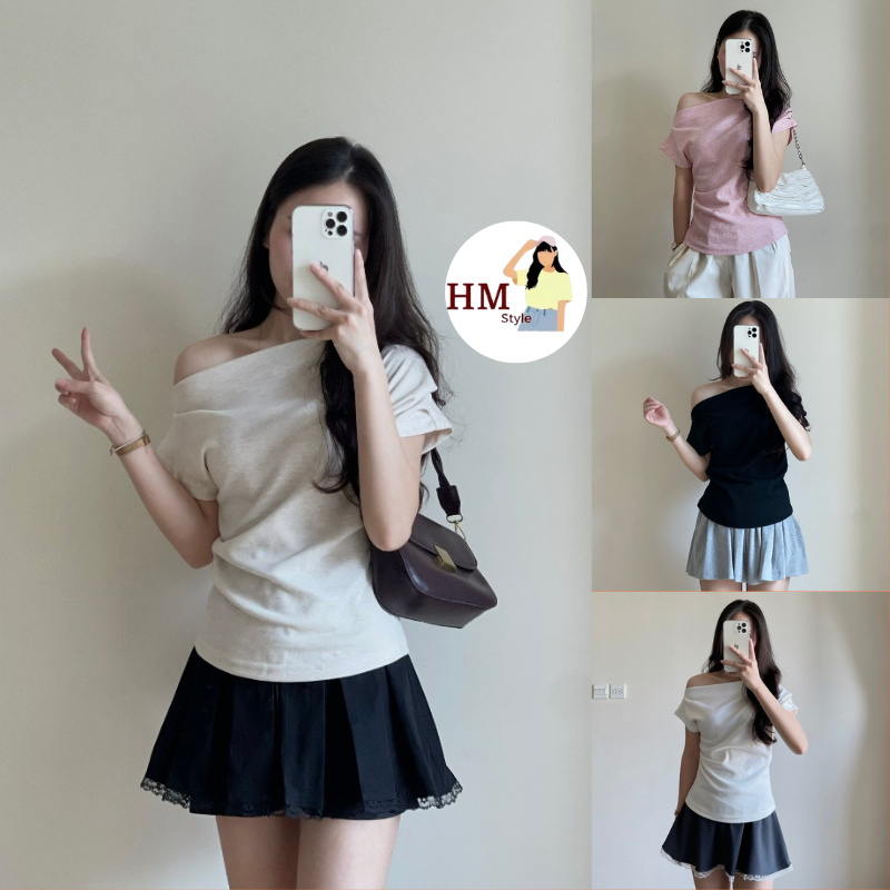 Áo thun lệch vai xếp ly eo điệu đà áo trễ vai nữ thắt eo tay cộc chất vải tăm lông thỏ ôm body HA500 | BigBuy360 - bigbuy360.vn