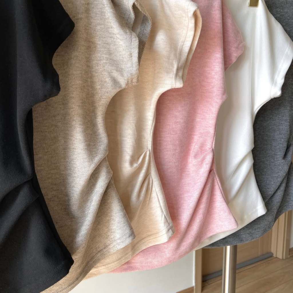 Áo thun lệch vai xếp ly eo điệu đà áo trễ vai nữ thắt eo tay cộc chất vải tăm lông thỏ ôm body HA500 | BigBuy360 - bigbuy360.vn