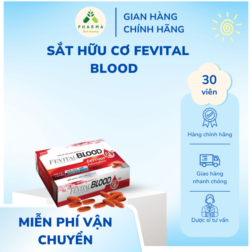 Viên uống FEVITAL BLOOD – Sắt hữu cơ và vitamin – Hộp 30 viên