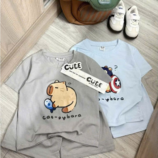 Bộ Quần Áo Cộc Tay Cho Bé In Hình Capybara Chất Vải Cotton 4Chiều Co Giãn , Quần Áo Trẻ Em Bé Trai