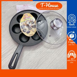 Khuôn làm bánh khọt dùng được bếp từ, Khuôn gang làm chống dính 7 lỗ Vạn Lợi có tay cằm kèm nắp kính