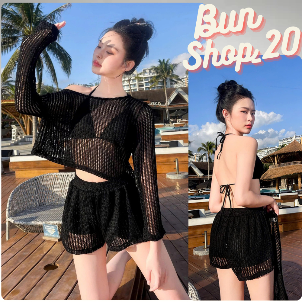Set Đồ Nữ Đi Biển Set 3 Món Áo Bra Có Mút Quần Short Có Lót Kèm Áo Khoác Lưới Chất Vải Len Lưới Thoáng Mát