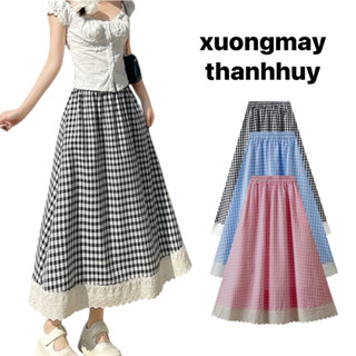  Chân váy kẻ phối ren dáng xoè chân váy kẻ caro chân ren xinh- cv kẻ 