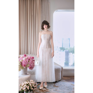 Đầm Maxi Ren Cúp Ngực Dáng Corset Phối Tùng Lưới Ngoài Sang Trọng Thanh Lịch