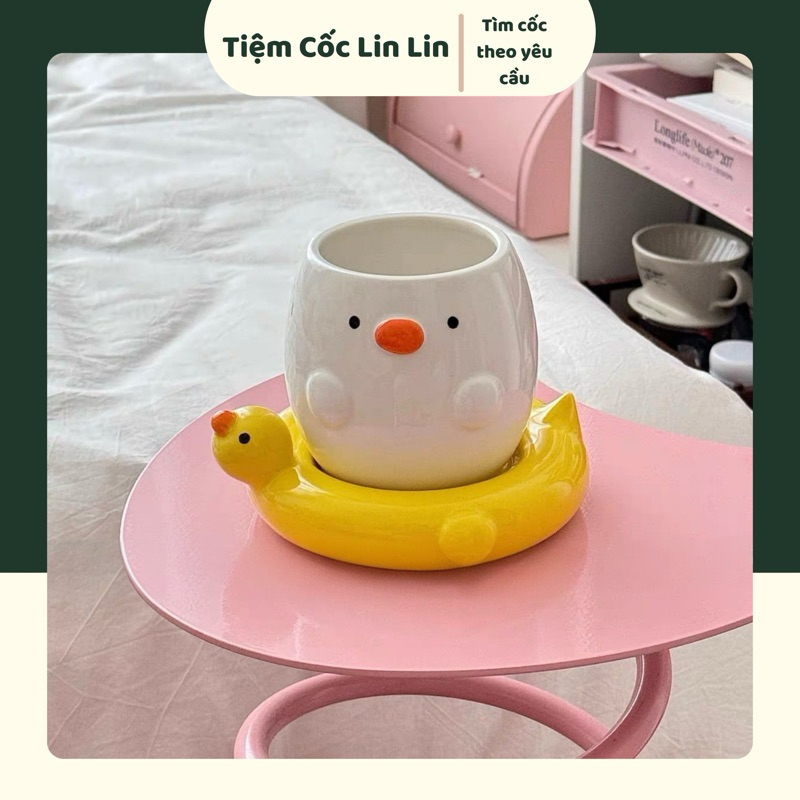 Cốc Sứ Vịt Con Kèm Đĩa Phao Vịt Vàng 480ml, Quà Tặng Sinh Nhật Dễ Thương Ly Cà Phê Uống Nước