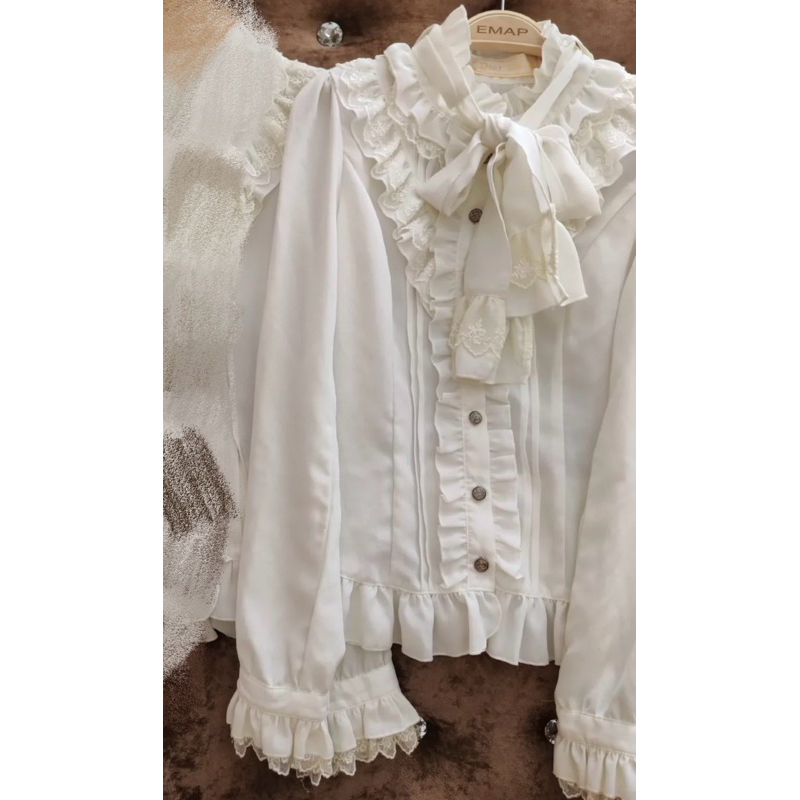 Áo blouse Lolita chính hãng brand Dear Celine cổ điển tay dài cổ cao màu trắng phối ren