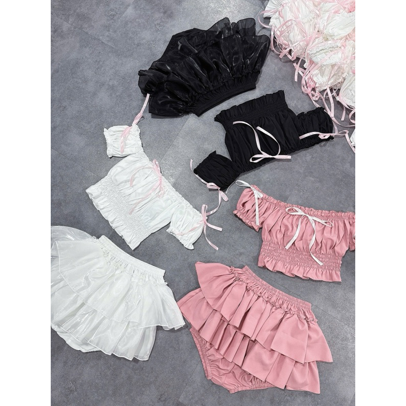 sét áo bẹt vai 3  màu kèm cv tầng xoè