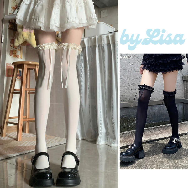 Tất Đùi Ren Lưới Phối Nơ Phong Cách Lolita Tất Vớ Bắp Chân Jk Cosplay Kiểu Dáng Hàn Quốc by.Lisa