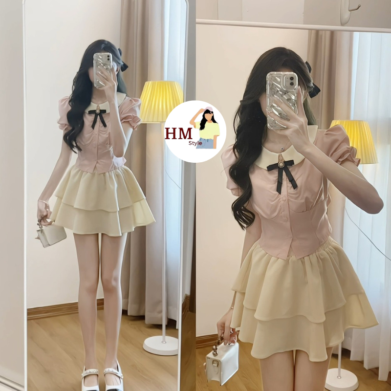  Set váy áo sơ mi hồng chiết eo kèm chân váy 2 tầng tiểu thư đính nơ cài rời dịu dàng nữ tính HB512 
