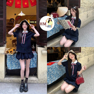 (Sẵn/Có đệm vai) Set áo sơ mi xanh cổ sen trắng Mix chân váy bí phồng tặng kèm nơ cài kẻ sọc có quần bảo hộ HB750