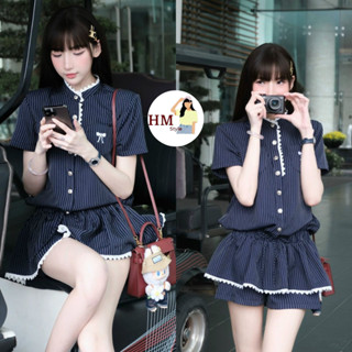 Set váy nữ Jumpsuit cổ tàu phối viền ren đính cúc đồng túi thêu nơ kèm quần short rời HB980