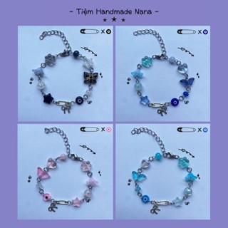 Vòng tay safety pin phối mắt quỷ evil eye phong cách y2k chất liệu thép không gỉ