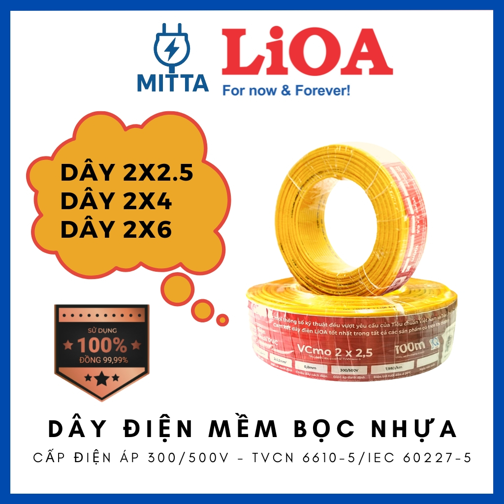 [Bán theo mét] Dây điện đôi mềm LiOA Vcmo 2x2.5, 2x4, 2x6 - MITTA