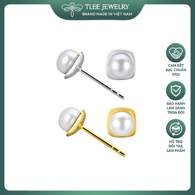 Khuyên tai bạc nữ TLEE dáng vuông đính trai nước ngọt TLEE JEWELRY B0556