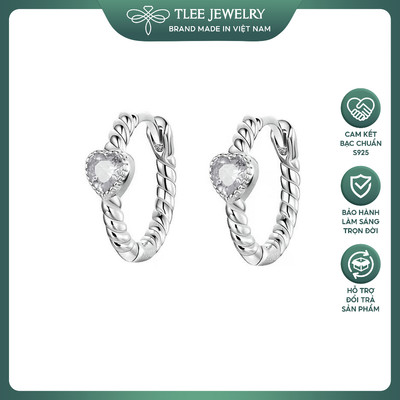 Bông tai bạc nữ TLEE tròn mặt trái tim đính đá dáng thân uốn xoắn chốt bấm sang trọng TLEE JEWELRY B0570