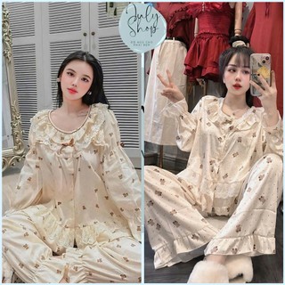  Đồ Ngủ Nữ Đồ Bộ Tiểu Thư JULY Họa Tiết Gấu Nâu Cổ Bèo Phối Ren Nơ Chất Lụa Latin Mịn Mát Freesize <58kg 