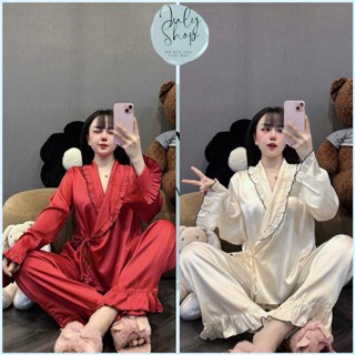 Đồ Ngủ Nữ, Đồ Bộ Tiểu Thư JULY Áo Kimono Cách Điệu Bèo Viền Chất Lụa Latin Mịn Mát Freesize <58kg
