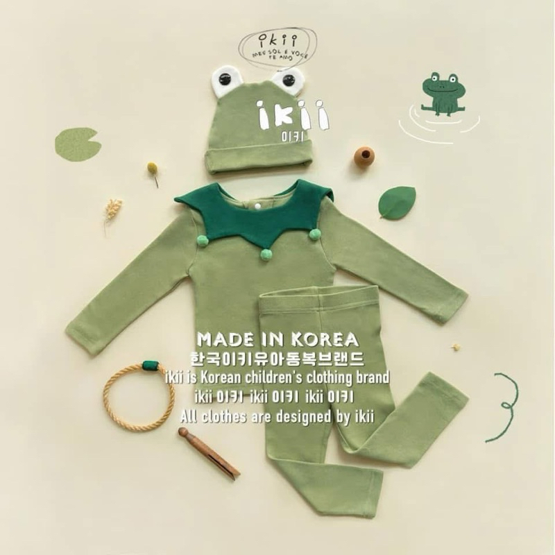 Set quần áo Ikii Ếch Xanh kèm mũ cute dễ thương cho bé trai bé gái hàng săn sale Hàn Quốc