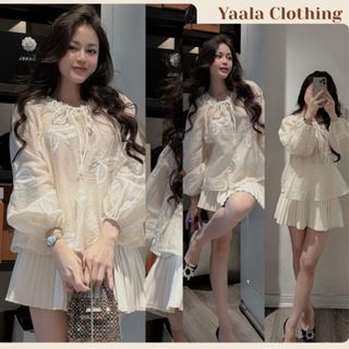 Set đồ nữ cổ tròn viền hoa voan tay phồng mix chân váy xoè xếp ly, đồ bộ nữ sang chảnh tiểu thư HCOM25352