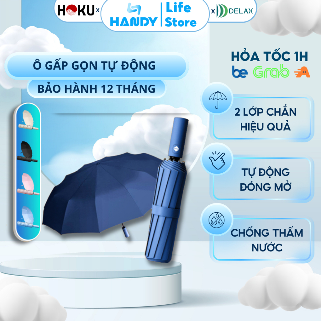 Ô dù che mưa HOKU Gấp Gọn Tự động Bật mở Phủ lớp Chống Tia UV Che mưa Che Nắng Ngoài Trời Cầm Tay Tự Động