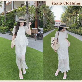 Set đồ nữ ren hoa áo chiết eo xoè mix chân váy dài dáng suông, đồ bộ nữ sang chảnh tiểu thư HCOM25815