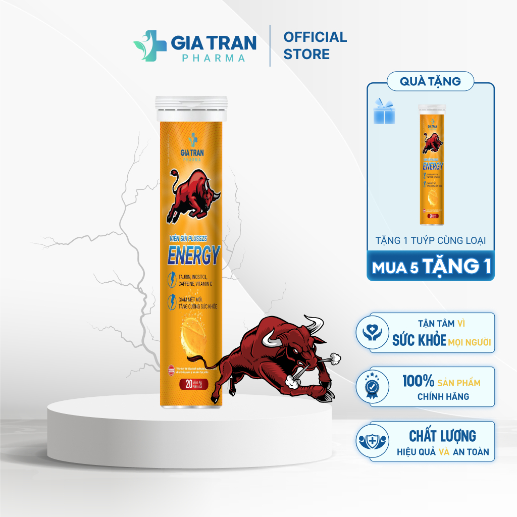 Viên sủi  tăng lực Plusszs Energy vị bò húc giúp tỉnh táo giảm mệt mỏi tăng cường sức khoẻ (20 viên)