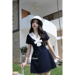 Đầm trắng nữ cổ vest nơ lớn sang trọng, dáng A ngắn, tay ngắn, chất mềm mặc đi tiệc - phong cách Hàn Quốc_Rosey.closet